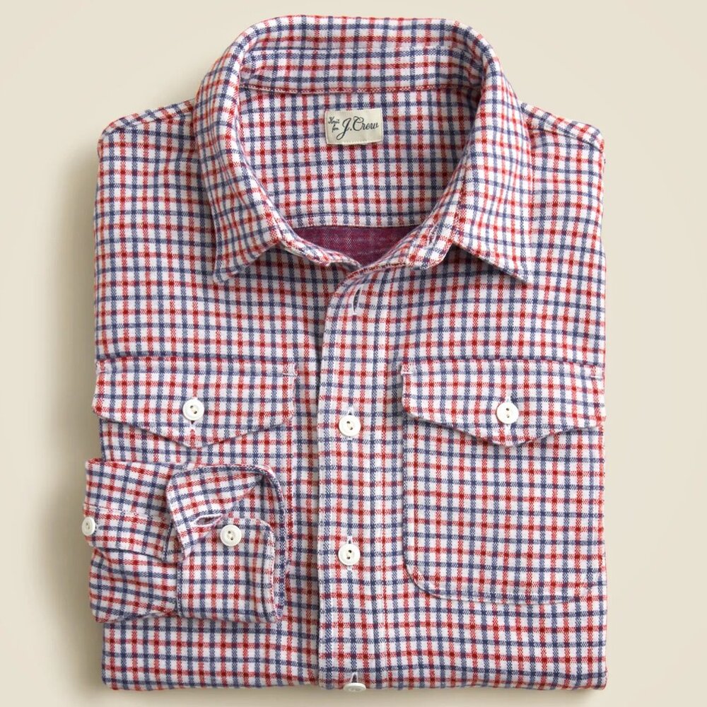 J Crew Flannel Shirt Mens Red White Blue Plaid Seaboard Brushed Soft Knit